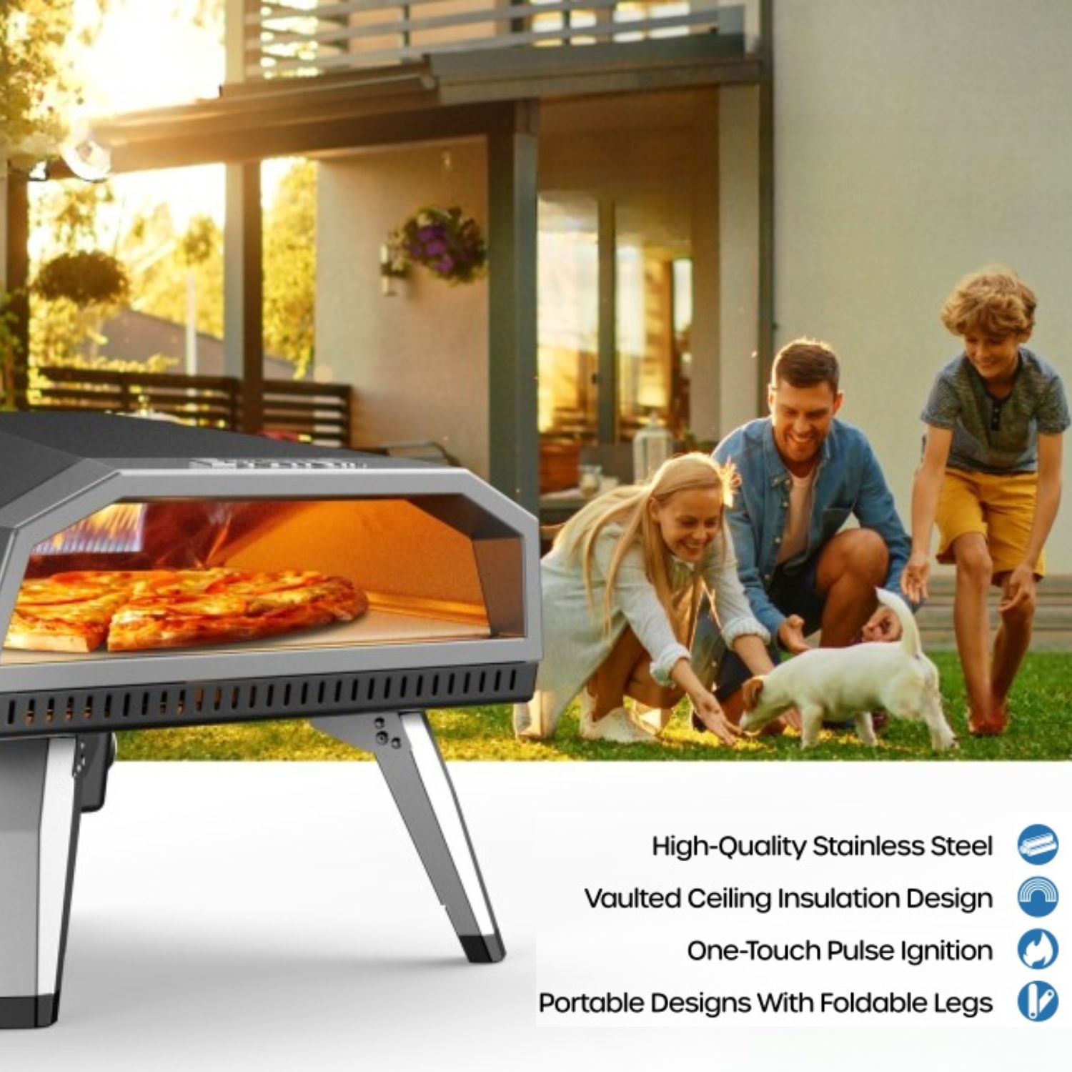 Family backyard pizza night with gas pizza oven